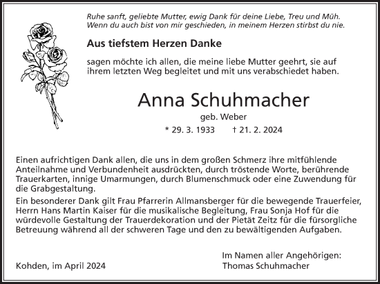Traueranzeige von Anna Schuhmacher von Kreis-Anzeiger