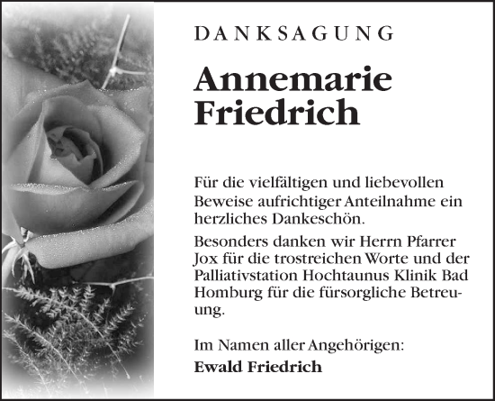 Traueranzeige von Annemarie Friedrich von Usinger Anzeiger