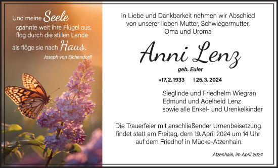 Traueranzeige von Anni Lenz von Mücker Stimme