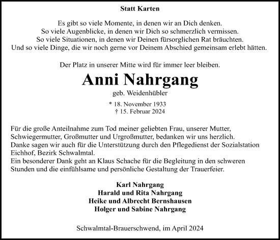 Traueranzeige von Anni Nahrgang von Oberhessische Zeitung