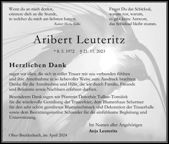 Traueranzeige von Aribert Leuteritz von Oberhessische Zeitung