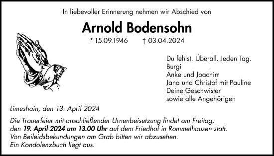Traueranzeige von Arnold Bodensohn von Kreis-Anzeiger
