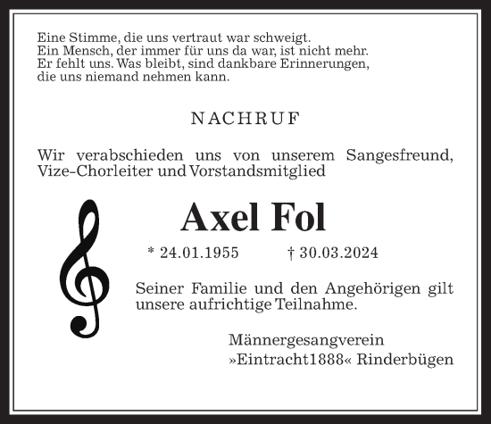 Traueranzeige von Axel Fol von Kreis-Anzeiger