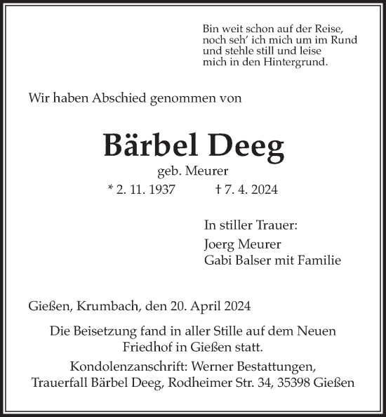 Traueranzeige von Bärbel Deeg von Giessener Allgemeine, Alsfelder Allgemeine, Giessener Anzeiger