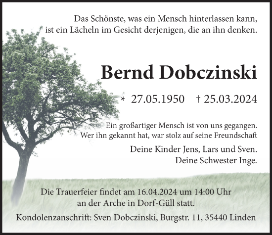 Traueranzeige von Bernd Dobczinski von Giessener Allgemeine, Alsfelder Allgemeine