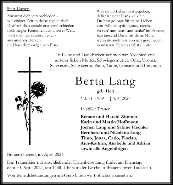 Traueranzeige von Berta Lang von Oberhessische Zeitung