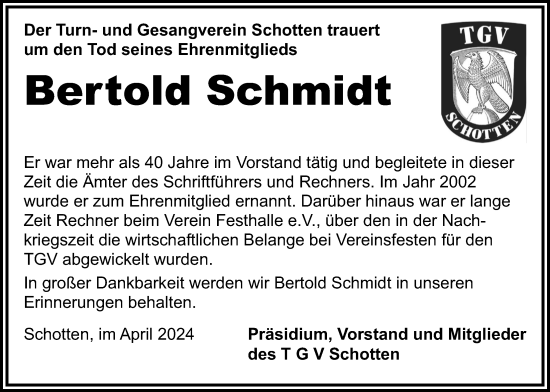 Traueranzeige von Bertold Schmidt von Kreis-Anzeiger