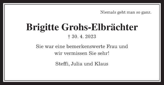 Traueranzeige von Brigitte Grohs-Elbrächter von Giessener Allgemeine, Alsfelder Allgemeine, Giessener Anzeiger