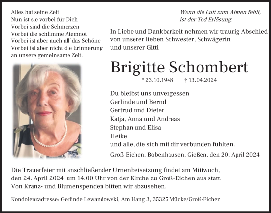 Traueranzeige von Brigitte Schombert von Giessener Allgemeine, Alsfelder Allgemeine, Giessener Anzeiger
