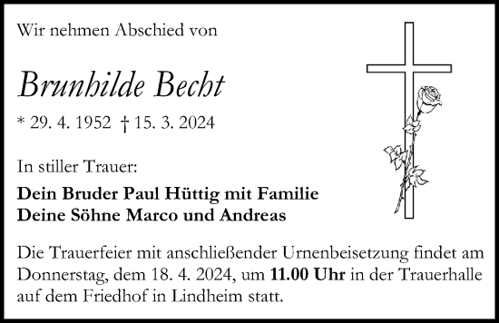 Traueranzeige von Brunhilde Becht von Kreis-Anzeiger