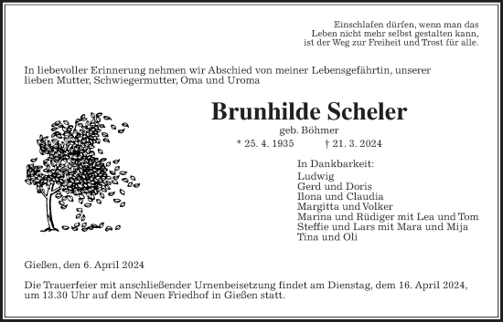 Traueranzeige von Brunhilde Scheler von Giessener Allgemeine, Alsfelder Allgemeine
