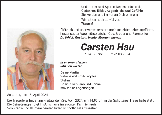 Traueranzeige von Carsten Hau von Kreis-Anzeiger