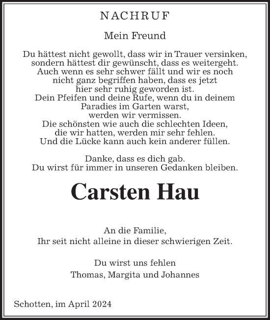 Traueranzeige von Carsten Hau von Kreis-Anzeiger