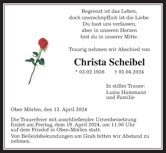 Traueranzeige von Christa Scheibel von Wetterauer Zeitung