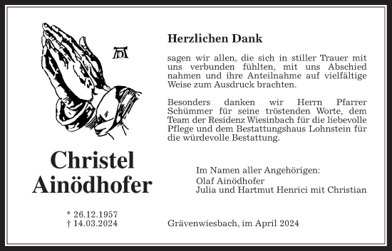 Traueranzeige von Christel Ainödhofer von Usinger Anzeiger