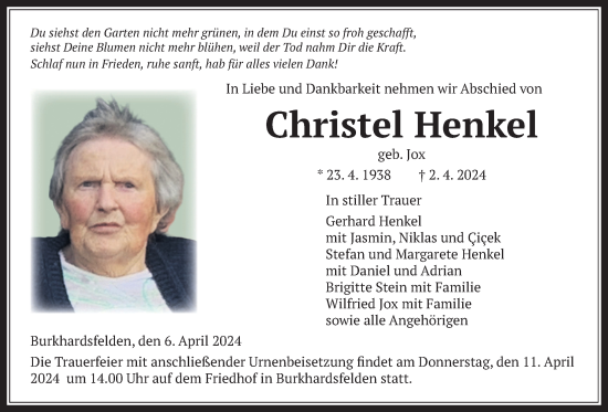 Traueranzeige von Christel Henkel von Giessener Anzeiger, Giessener Allgemeine, Alsfelder Allgemeine