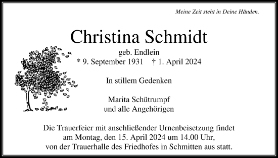 Traueranzeige von Christina Schmidt von Usinger Anzeiger