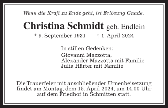 Traueranzeige von Christina Schmidt von Usinger Anzeigenblatt