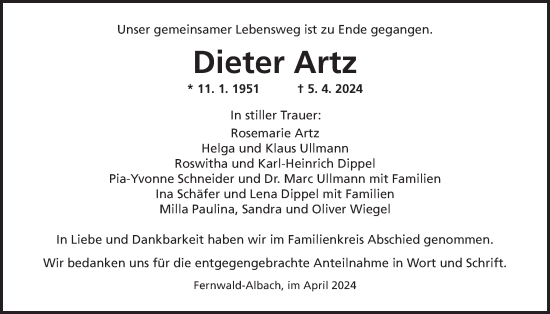 Traueranzeige von Dieter Artz von Giessener Allgemeine, Alsfelder Allgemeine, Giessener Anzeiger