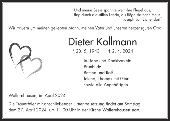 Traueranzeige von Dieter Kollmann von Kreis-Anzeiger