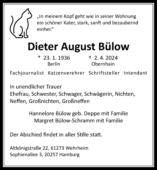 Traueranzeige von Dieter August Bülow von Usinger Anzeiger