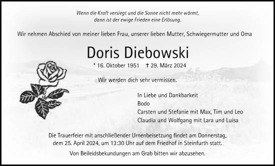 Traueranzeige von Doris Diebowski von Wetterauer Zeitung