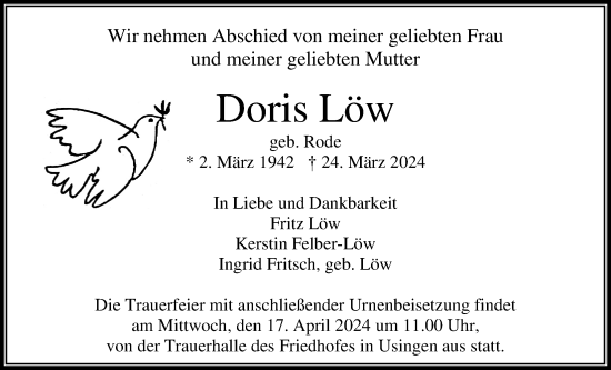 Traueranzeige von Doris Löw von Usinger Anzeiger, Usinger Anzeigenblatt