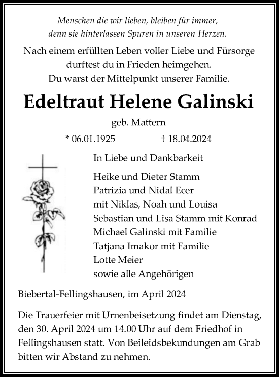 Traueranzeige von Edeltraut Helene Galinski von Giessener Allgemeine, Alsfelder Allgemeine, Giessener Anzeiger