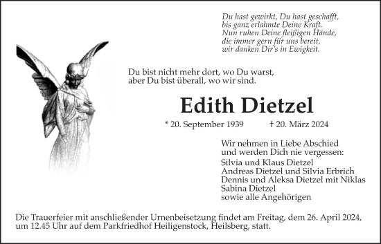 Traueranzeige von Edith Dietzel von Bad Vilbel/Karben