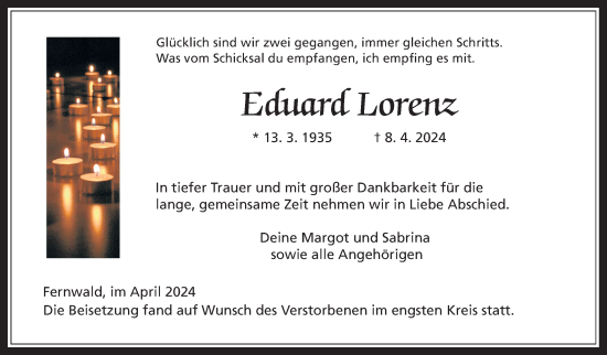 Traueranzeige von Eduard Lorenz von Giessener Allgemeine, Alsfelder Allgemeine