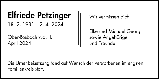 Traueranzeige von Elfriede Petzinger von Wetterauer Zeitung