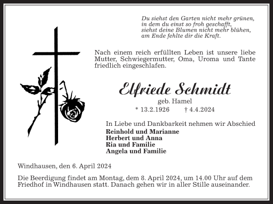 Traueranzeige von Elfriede Schmidt von Oberhessische Zeitung
