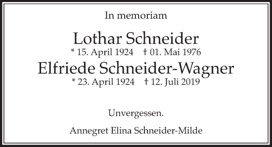 Traueranzeige von Elfriede Schneider-Wagner von Butzbacher Zeitung