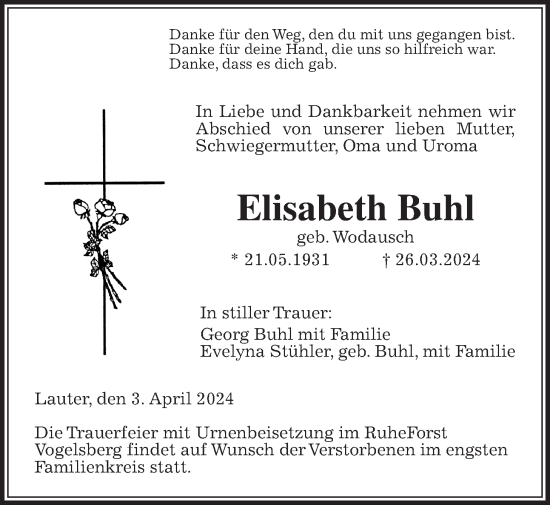 Traueranzeige von Elisabeth Buhl von Laubacher Anzeiger