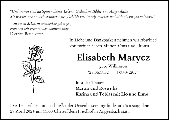 Traueranzeige von Elisabeth Marycz von Lauterbacher Anzeiger