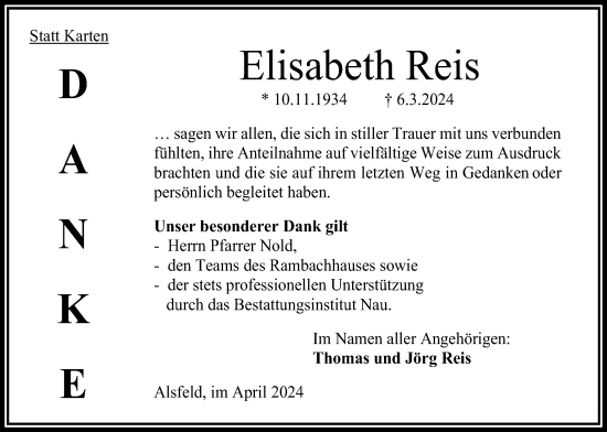 Traueranzeige von Elisabeth Reis von Oberhessische Zeitung