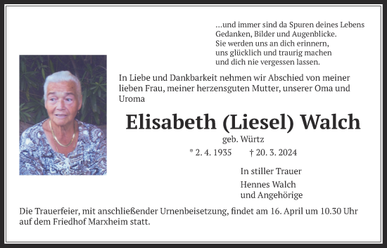 Traueranzeige von Elisabeth Walch 