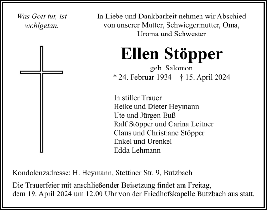 Traueranzeige von Ellen Stöpper von Butzbacher Zeitung