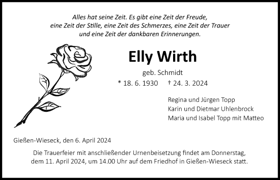 Traueranzeige von Elly Wirth von Giessener Anzeiger, Giessener Allgemeine, Alsfelder Allgemeine
