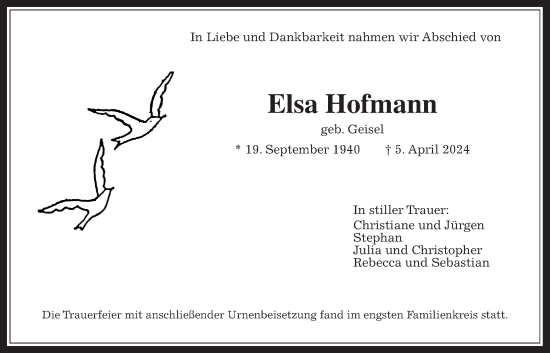 Traueranzeige von Elsa Hofmann von Wetterauer Zeitung