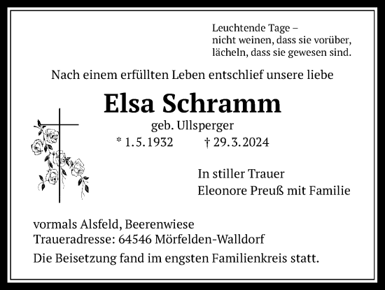 Traueranzeige von Elsa Schramm von Giessener Allgemeine, Alsfelder Allgemeine