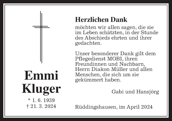 Traueranzeige von Emmi Kluger von Rabenauer Zeitung