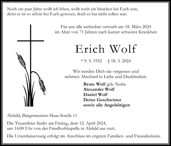 Traueranzeige von Erich Wolf von Oberhessische Zeitung