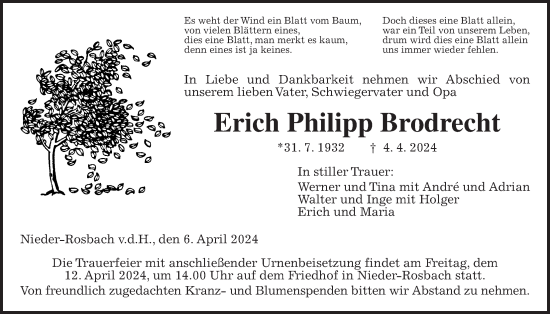 Traueranzeige von Erich Philipp Brodrecht von Wetterauer Zeitung