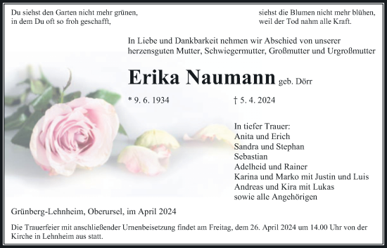 Traueranzeige von Erika Naumann von Giessener Allgemeine, Alsfelder Allgemeine