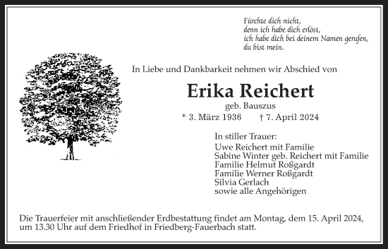 Traueranzeige von Erika Reichert von Wetterauer Zeitung