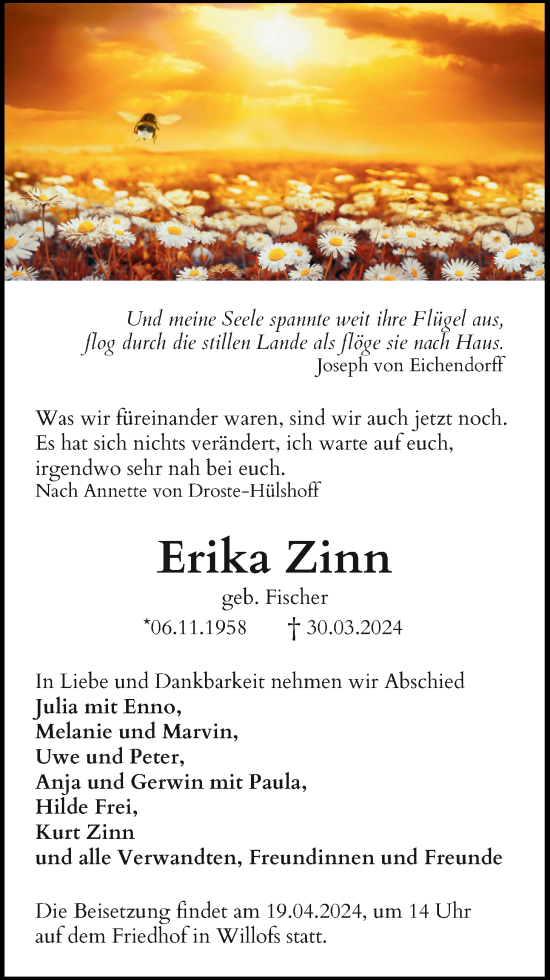 Traueranzeige von Erika Zinn von Lauterbacher Anzeiger
