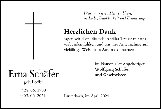 Traueranzeige von Erna Schäfer von Lauterbacher Anzeiger