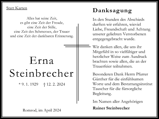 Traueranzeige von Erna Steinbrecher von Oberhessische Zeitung