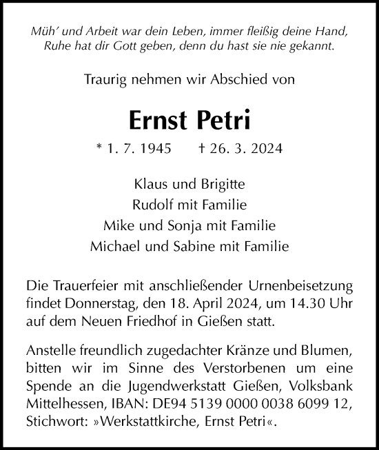 Traueranzeige von Ernst Petri von Giessener Anzeiger, Giessener Allgemeine, Alsfelder Allgemeine